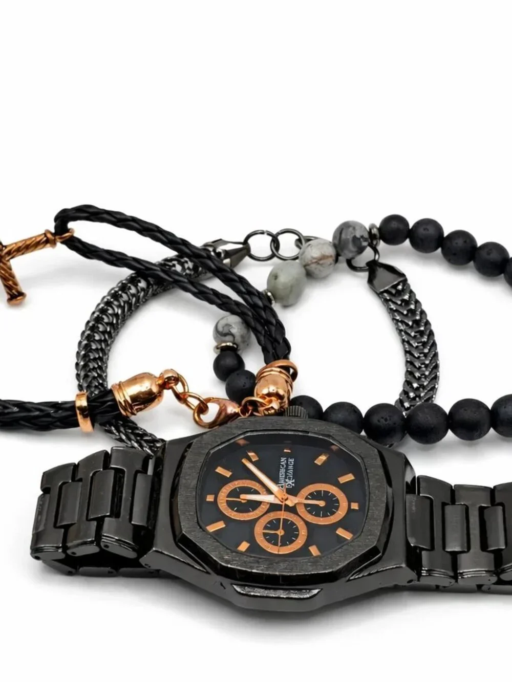 American Exchange Men's Black Watch & 4-Piece Bracelet Set
